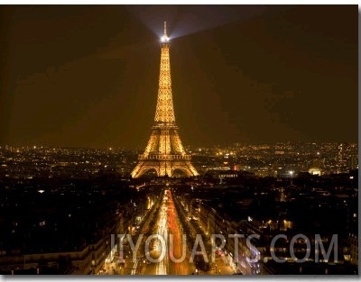 Digital Composite of Eiffel Tower and Champs Elysees at Nighttime, Paris, France