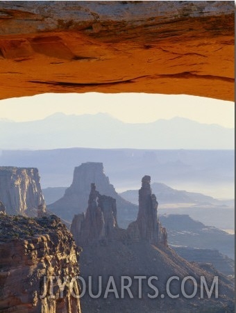 Airport Tower and La Sal Mountains Through Mesa Arch, Canyonlands National Park, Utah, USA