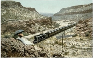 Postcard of a Train of the Santa Fe Railroad Passing Through Crozier Canyon, Arizona