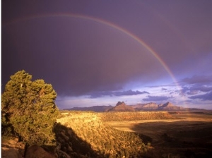 Rainbow from Gooseberry Mesa looking to Smithsonian Butte, near Virgin, Utah, USA