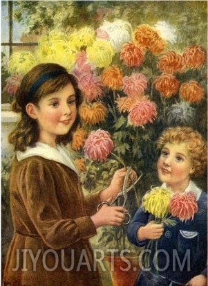 Boy and Girl cutting flowers in garden outside their home, Early 1920s illustration