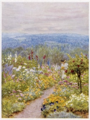 Kentish Garden, a Woman Picks Flowers from Large Herbaceous Borders in a Typical English Garden