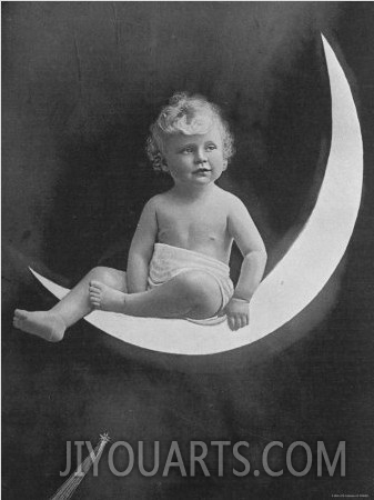 Montage of Infant in Diaper Sitting on Crescent Moon Against Background of Night Sky