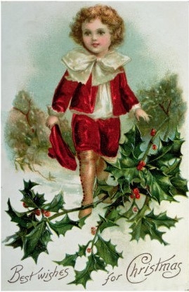 Victorian Christmas Postcard Depicting a Boy in Red in the Snow