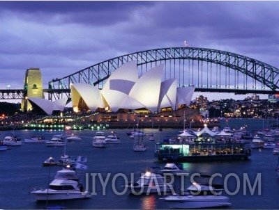 Opera House and Sydney Harbour Bridge with Crowded Harbour on New Years Eve, Sydney, Australia