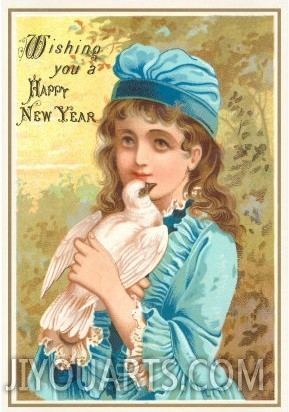 Wishing You a Happy New Year, Victorian Girl with Dove