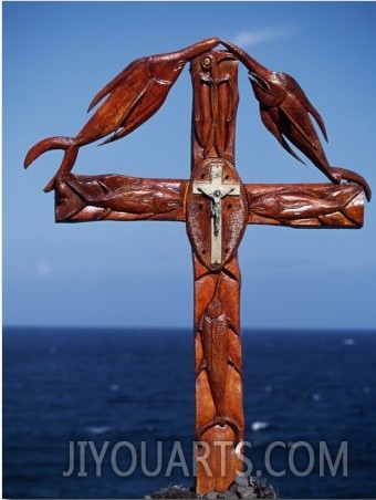 Easter Island, Wooden Cross Combining Christian Crucifix with Carved Emblems of Fish