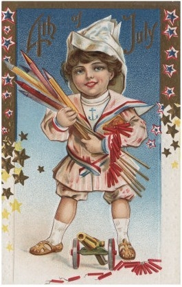 Fourth of July Greeting   Kid Holding Fireworks and Rockets