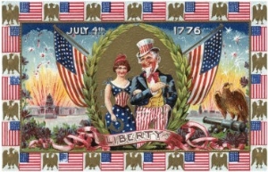 Fourth of July Greeting   Uncle Sam and Lady Liberty