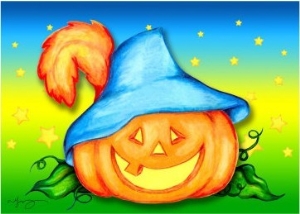 Halloween Jack O Lantern with Feathered Blue Hat