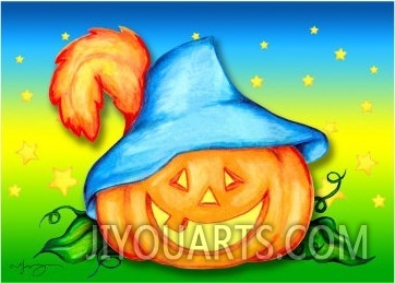 Halloween Jack O Lantern with Feathered Blue Hat