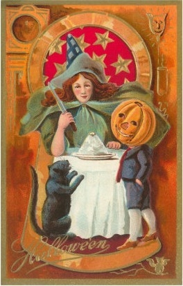 Old Fashioned Halloween, Witch, Cat, Jack O