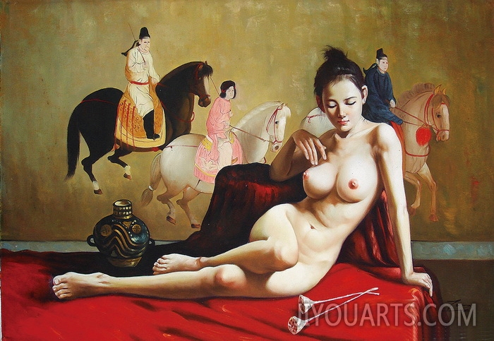 Nude Oil Painting 100% Handmade Museum Quality 0003,ancient Chinese woman before a Chinese painting