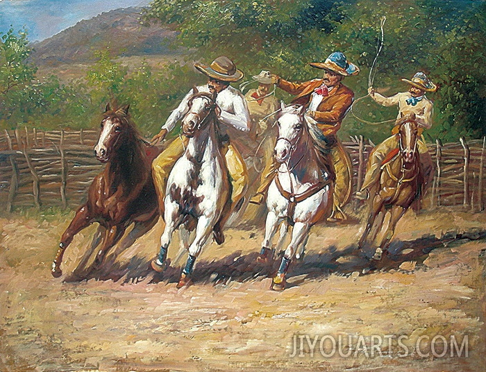 People Oil Painting 100% Handmade Museum Quality 0036,cowboys play horse racing