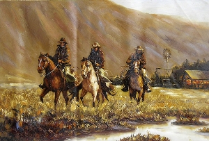 People Oil Painting 100% Handmade Museum Quality 0038,cowboys riding in the field