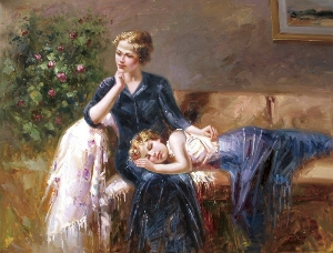People Oil Painting 100% Handmade Museum Quality 0151,a mother and her sleeping child