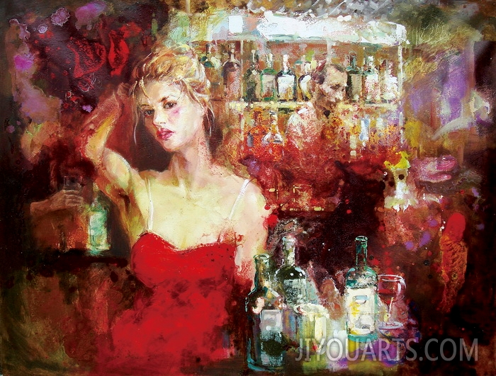 People Oil Painting 100% Handmade Museum Quality 0155,a woman in the bar