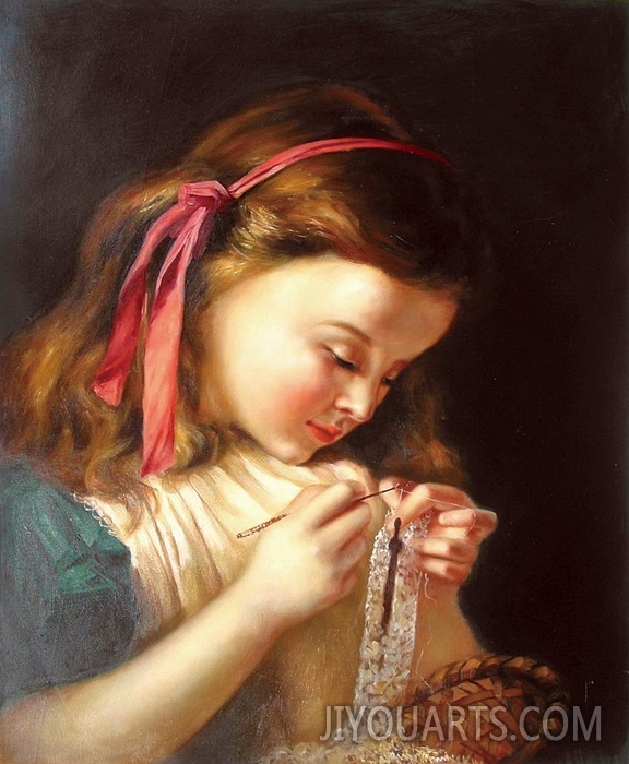 People Oil Painting 100% Handmade Museum Quality 0168,a young girl sewing