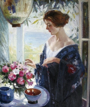 People Oil Painting 100% Handmade Museum Quality 0175,young woman looking at the flowers on the table