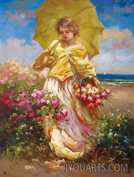 People Oil Painting 100% Handmade Museum Quality 0180,woman picking flowers in the seashore