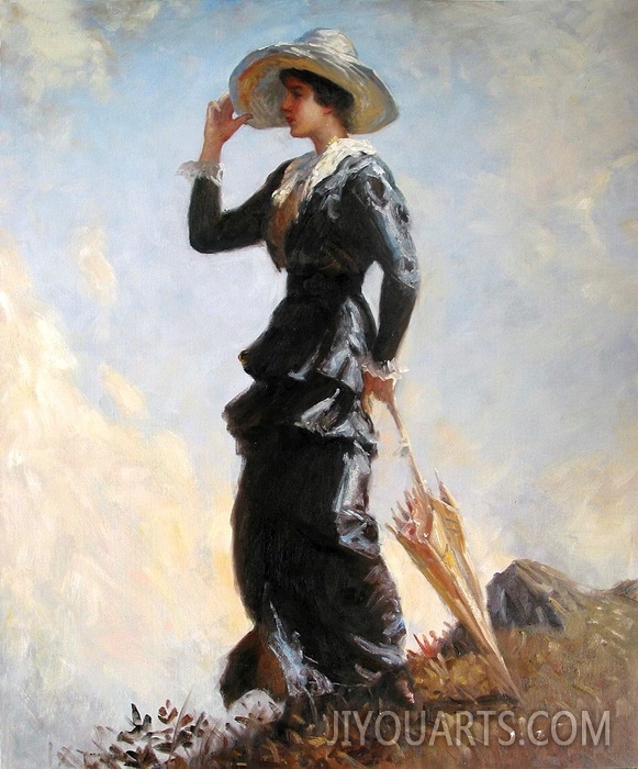 People Oil Painting 100% Handmade Museum Quality 0182,woman looking into the distance from the moutain