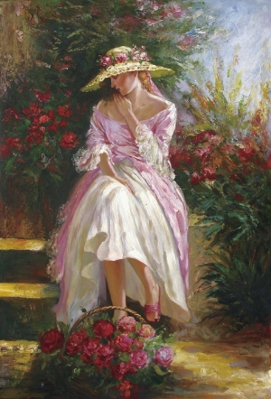 People Oil Painting 100% Handmade Museum Quality 0184,a young girl taking a rest after picking a basket of flowers in the garden