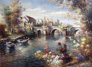 Landscape Oil Painting 100% Handmade Museum Quality0080,boats at the port by a bridge