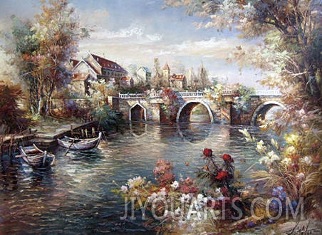 Landscape Oil Painting 100% Handmade Museum Quality0080,boats at the port by a bridge