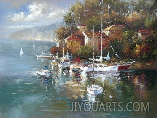 Landscape Oil Painting 100% Handmade Museum Quality0085,a small port for boats