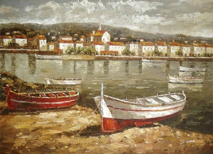 Landscape Oil Painting 100% Handmade Museum Quality0089,a scene of the port,with many houses