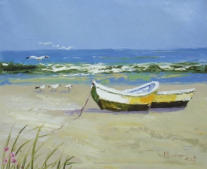 Landscape Oil Painting 100% Handmade Museum Quality0096,a boat on the seashore