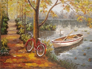 Landscape Oil Painting 100% Handmade Museum Quality0098,riding to take a boating in the lake