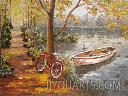 Landscape Oil Painting 100% Handmade Museum Quality0098,riding to take a boating in the lake