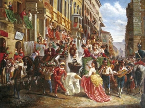 palace oil painting,a celebration along the street