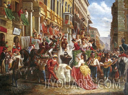 palace oil painting,a celebration along the street