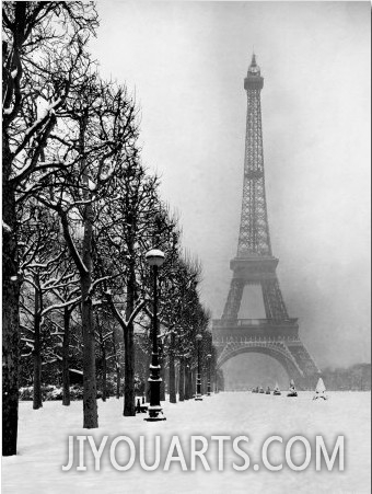 Heavy Snow Blankets the Ground Near the Eiffel Tower