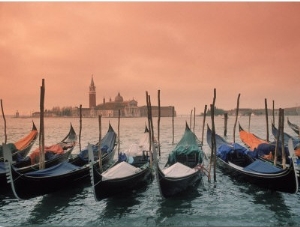 Sunset on Gondolas and Grand Canal, Venice, Italy