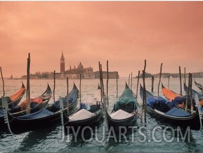 Sunset on Gondolas and Grand Canal, Venice, Italy