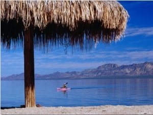 Thatch Umbrella and Canoe Paddler at Beach Playa Buenaventura Palapa, Baja California Sur, Mexico