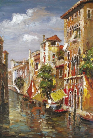 Venice Oil Painting 0010, Reflection of Buildings, street views of waterfront houses