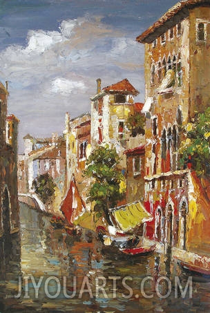 Venice Oil Painting 0010, Reflection of Buildings, street views of waterfront houses