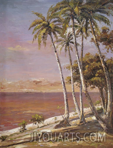 Landscape Oil Painting 100% Handmade Museum Quality0229,Coconut trees at the beach