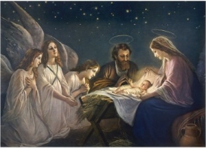 Joseph and Mary Admiring Their Son are Joined by a Trio of Angels Who are No Less Impressed