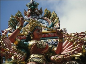 Figures of Deities Decorate the Roof of Sri Veeramakaliamman Temple