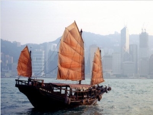 Duk Ling Junk Boat Sails in Victoria Harbor, Hong Kong, China