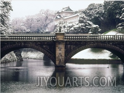 Nijubashi and the Inner Moat of Imperial Palace in Snow, Tokyo, Japan