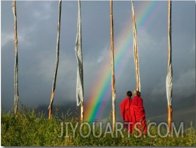 Rainbow and Monks with Praying Flags, Phobjikha Valley, Gangtey Village, Bhutan