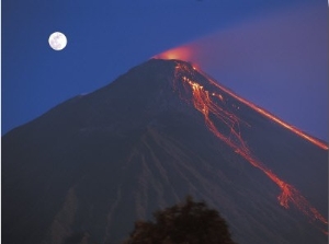 Siau Volcano Erupting with Moon Behind, N Sulawesi, Indonesia