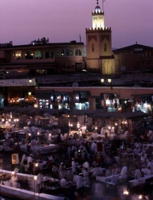 Djemma El Fna at Dusk with Mosque Behind, Marrakesh, Morocco