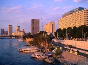 Cairo Hilton on Nile with Downtown in Background, Cairo, Egypt